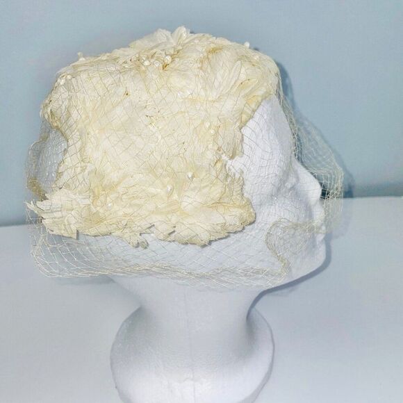 Vintage 50s 60s Crown Ivory Hat Net Floral Pearls Bridal Dance Costume Theatre main image 4